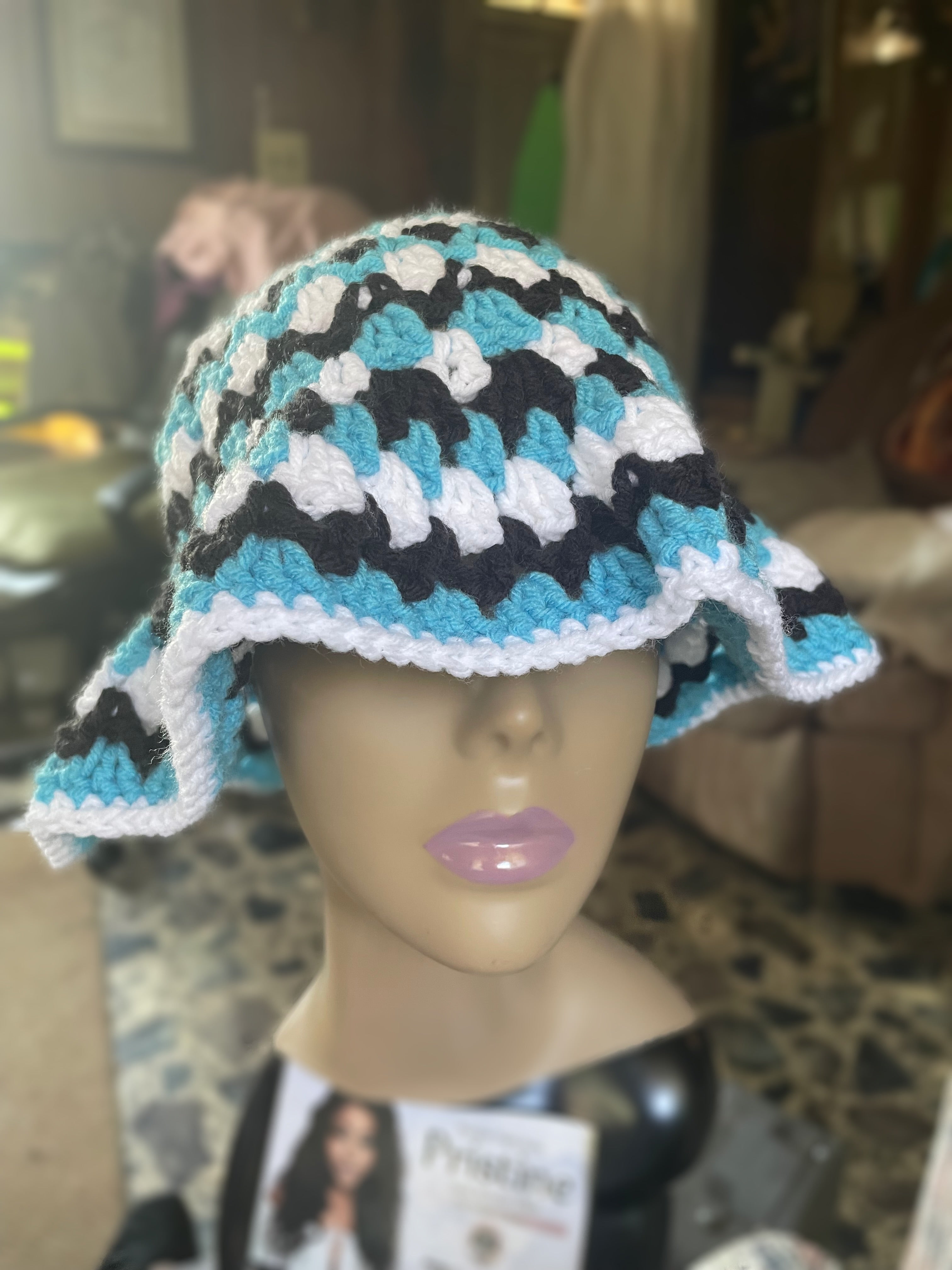 Black, Turquoise, and White Bucket Hat