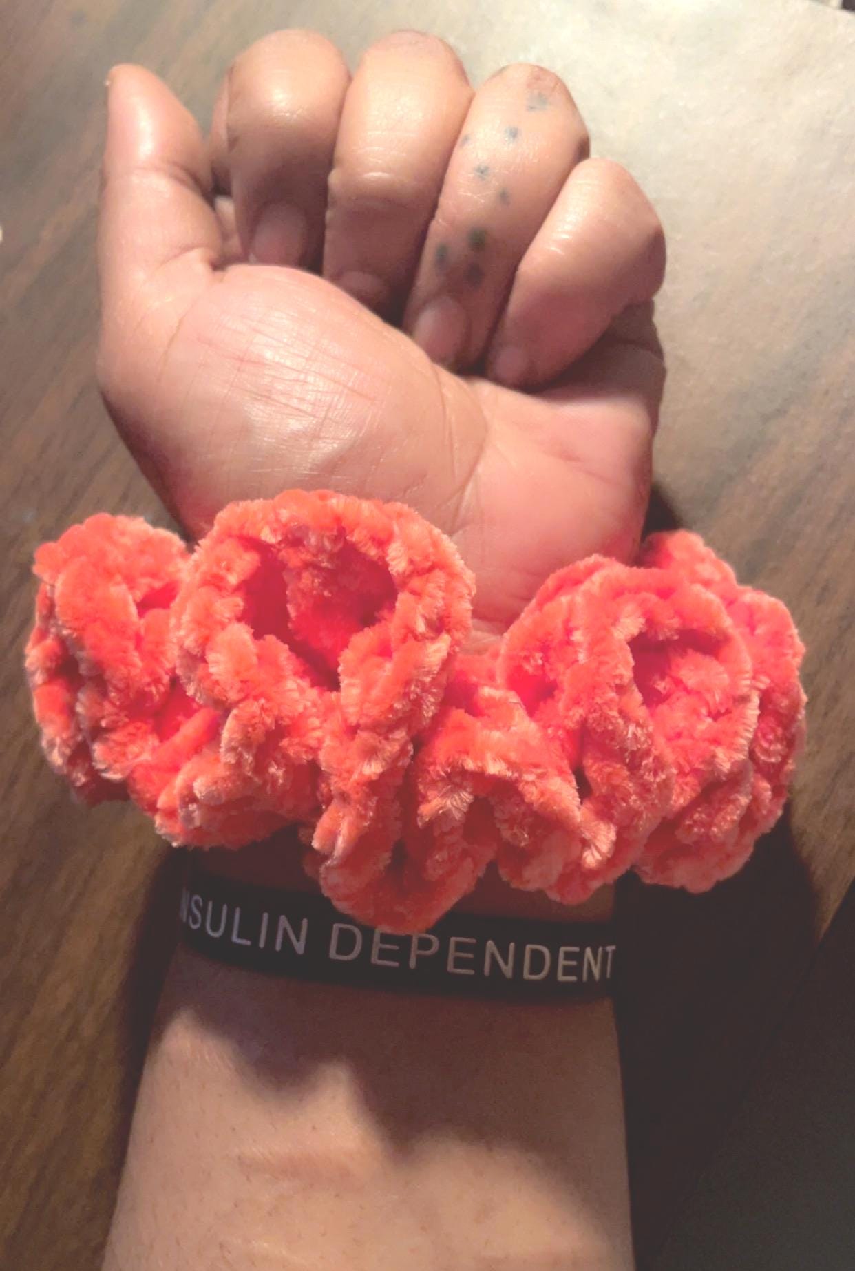 Handmade Salmon Chenille Crochet Scrunchie – Soft Plush Hair Accessory