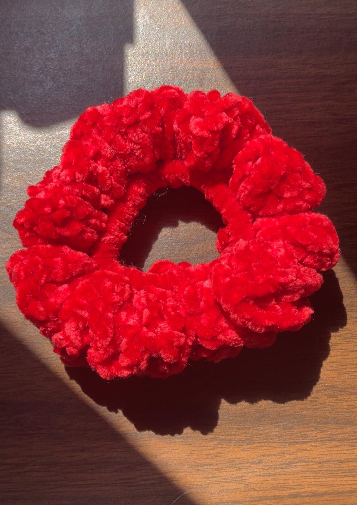 Handmade Red Crochet Velvet Scrunchie – Soft & Stylish Hair Accessory