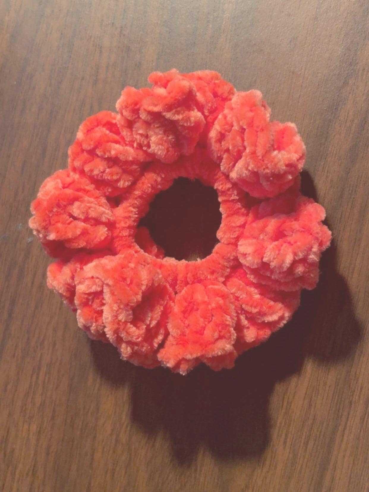 Handmade Salmon Chenille Crochet Scrunchie – Soft Plush Hair Accessory