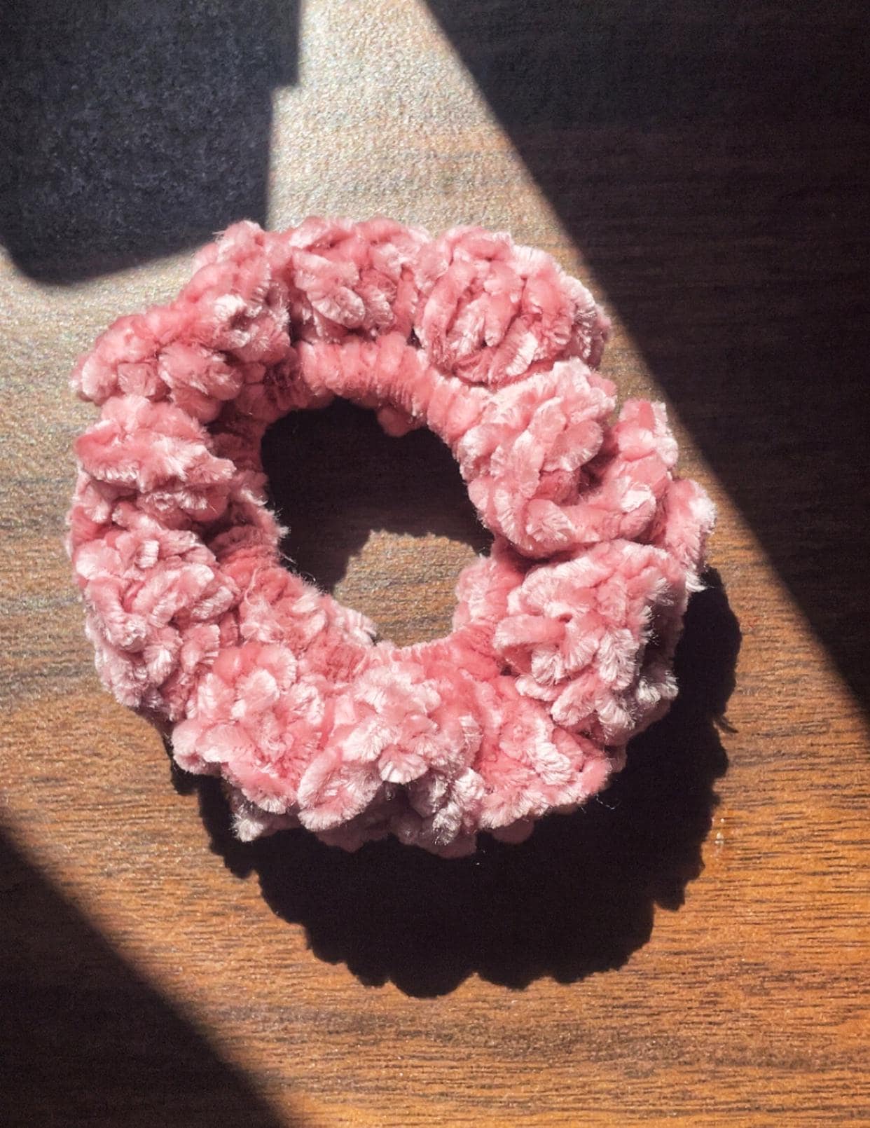 Handmade Light Pink Crochet Velvet Scrunchie – Soft & Stylish Hair Accessory