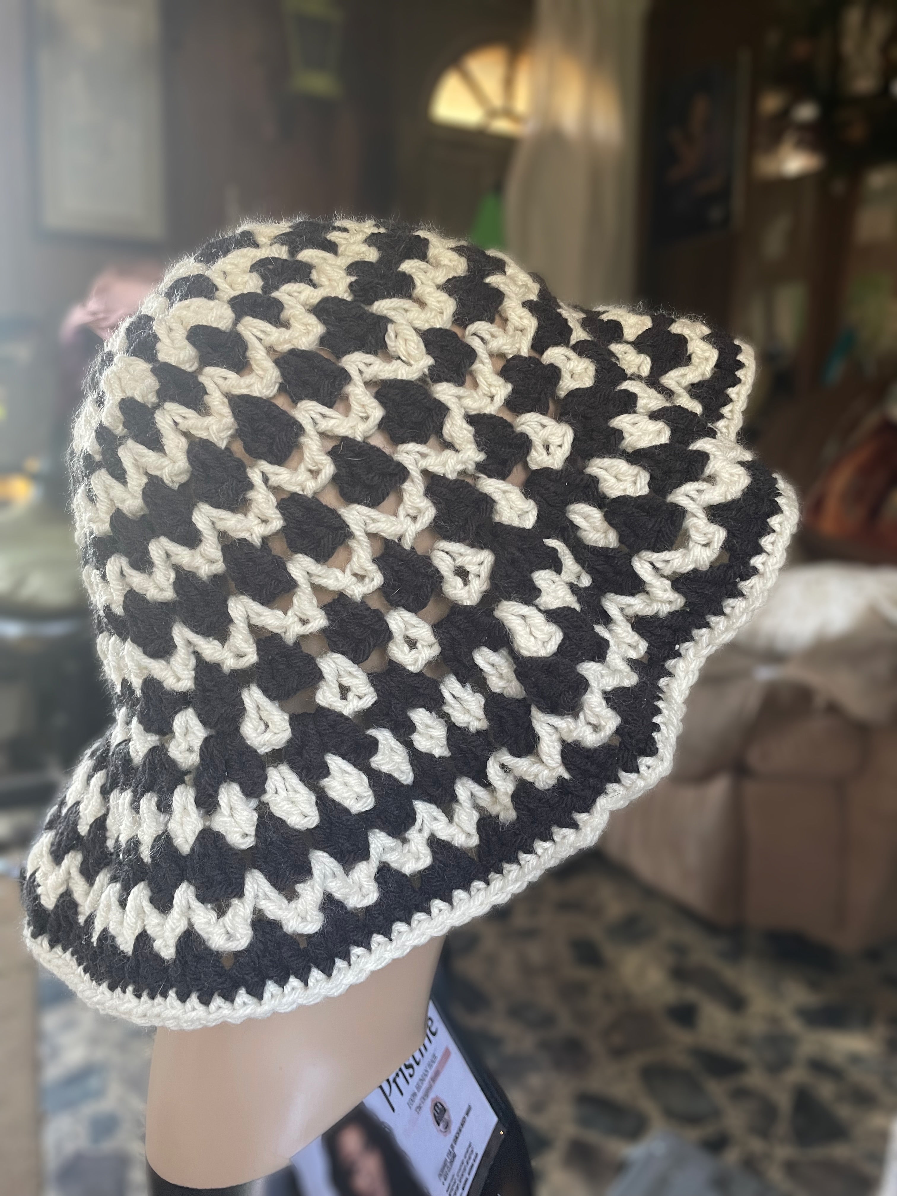 Black Cream Granny Stitch Crochet Bucket Hat – Boho Festival Style