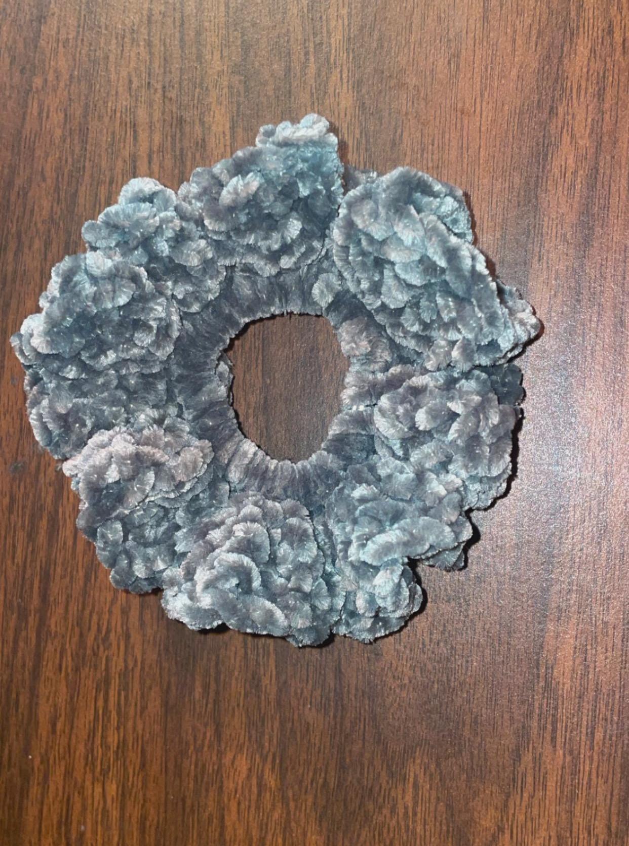 Handmade Salmon Chenille Crochet Scrunchie – Soft Plush Hair Accessory