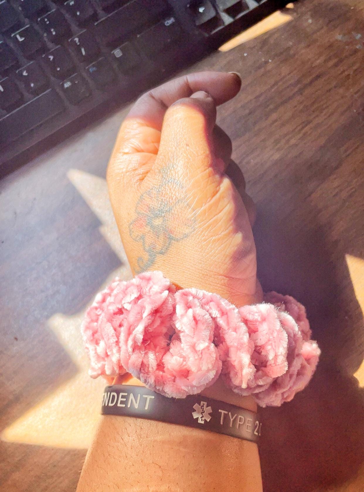 Handmade Light Pink Crochet Velvet Scrunchie – Soft & Stylish Hair Accessory