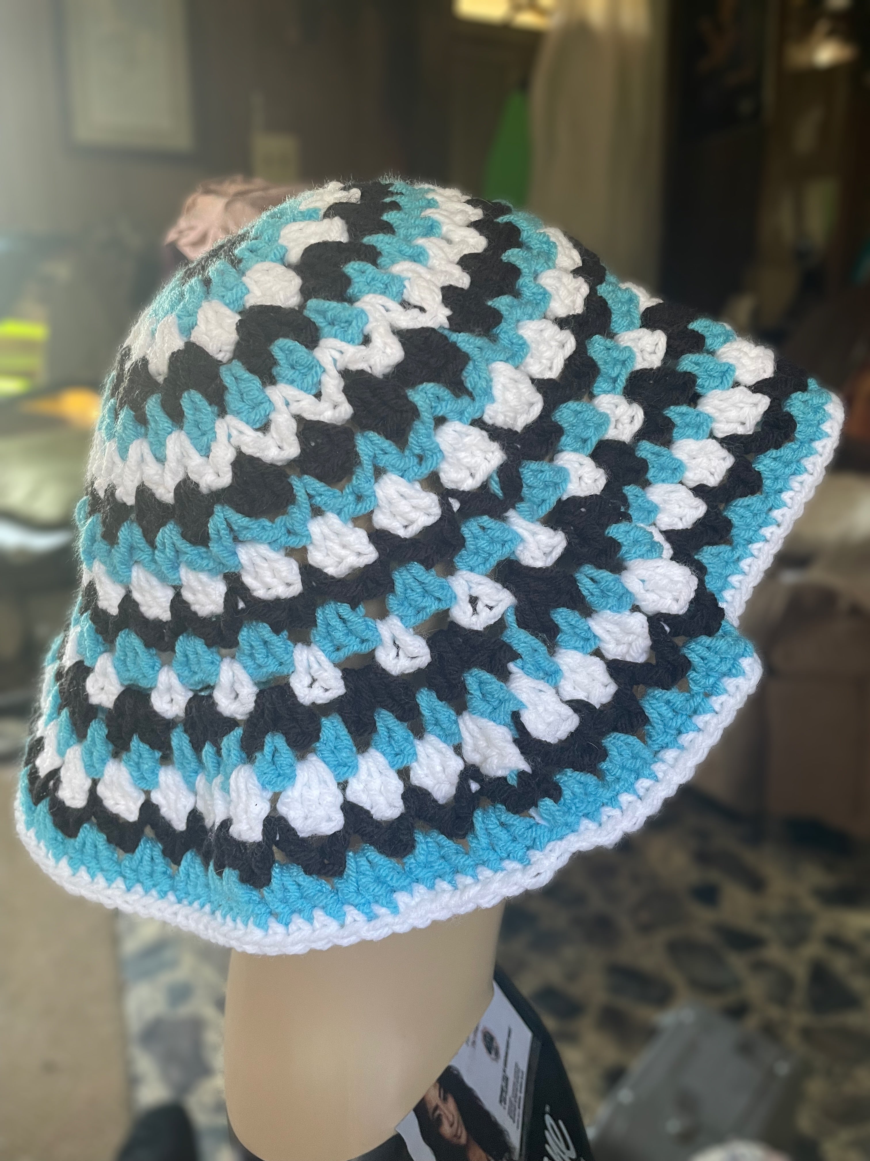 Black, Turquoise, and White Bucket Hat