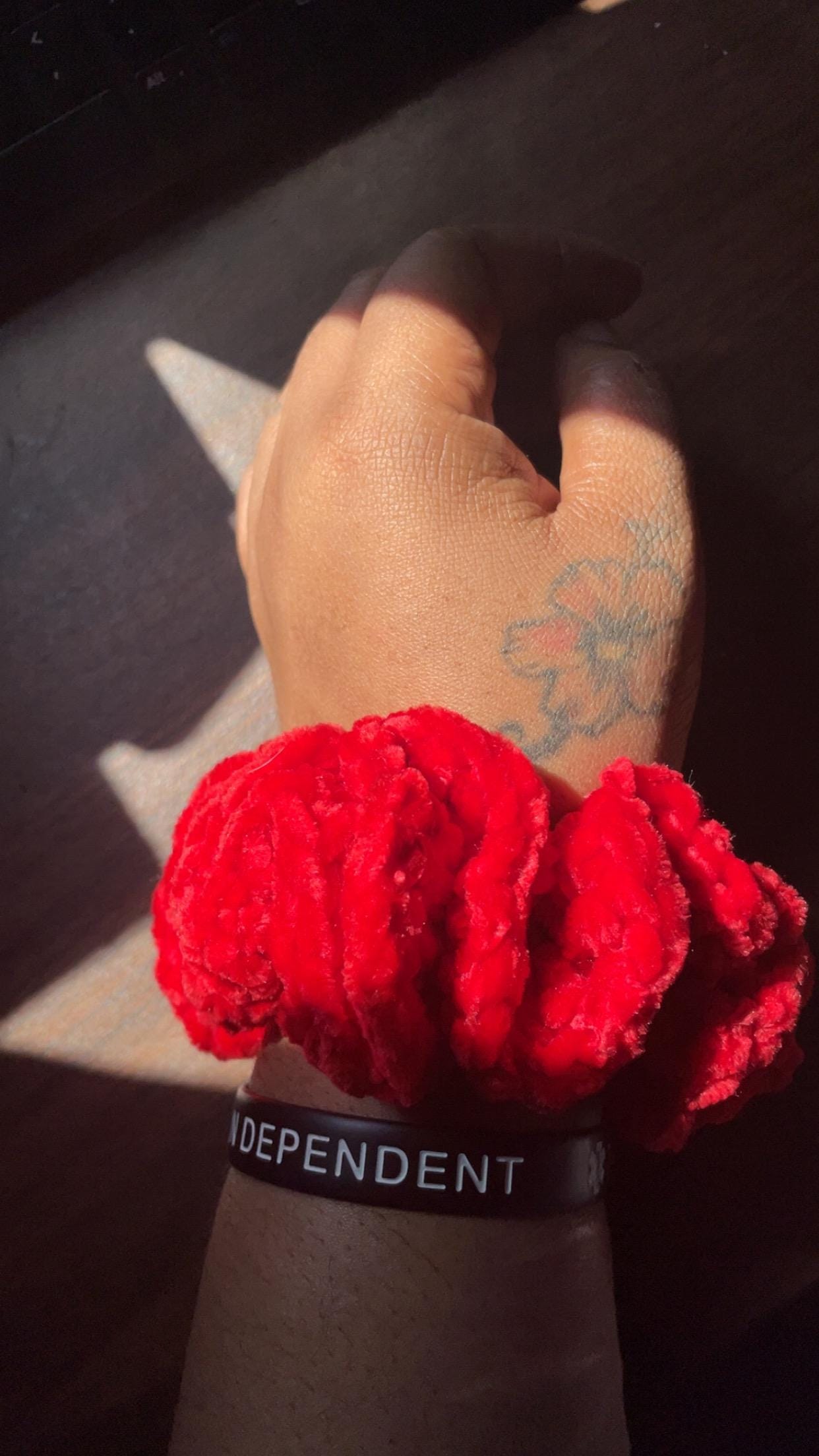 Handmade Red Crochet Velvet Scrunchie – Soft & Stylish Hair Accessory